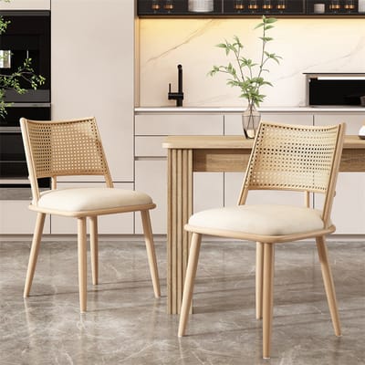 YEHTOKHOME Eetkamerstoelen, set van 2, Keukenstoelen met PU-zitting en rotan geweven rugleuning, Retro natuurlijk, Gestoffeerde stoel voor eetkamer, woonkamer en slaapkamer, Beige