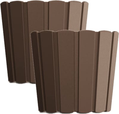 Set van 2x stuks wood-look plantenpot/bloempot kunststof dia 14.5 cm/hoogte 13 cm houtbruin voor binnen/buiten