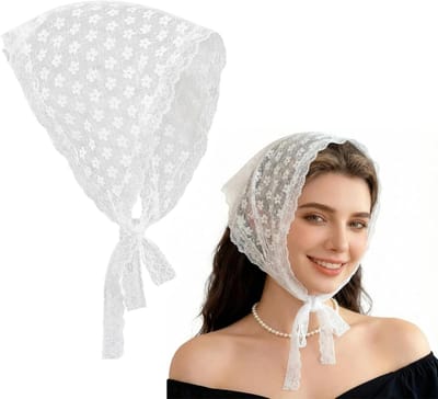 Elegante Witte Bloemenkant Hoofddoek voor Vrouwen - Katoenen Driehoekige Sjaal met Bloemenpatroon, Perfect als Haaraccessoire en Sjaal voor Diverse Gelegenheden