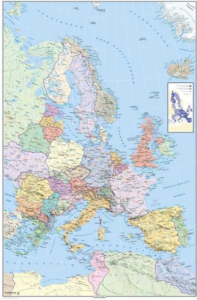 Landkaart Poster Europa - Europese Kaart - Wanddecoratie Kantoor - Inclusief MDF Frame - 61 x 915 cm - Beige