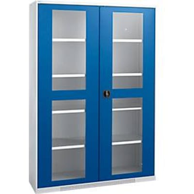 Schaefer Shop Genius FS open deurkast, 5 OH, afsluitbaar, 4 legborden, tot 450 kg, B 1343 mm, staal, alu wit RAL 9006/genziana blauw RAL 5010