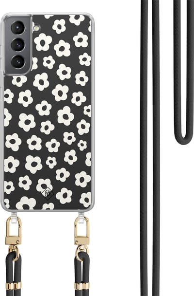 Casimoda® hoesje met koord - Geschikt voor Samsung S21 - Retro Bloempjes - Afneembaar koord - TPU/polycarbonaat - Zwart