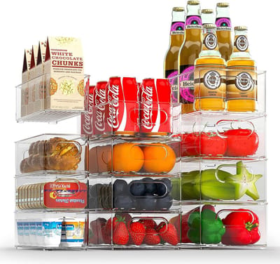 Famanu - Koelkastorganizer, set van 12 (4 klein, 4 medium, 4 groot), stapelbare koelkastcontainer, doorzichtige opbergdoos voor keuken, eetkamer, kasten, spoelbakken, badkamer, BPA-vrij