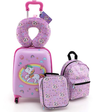 COSTWAY 5-delige kinderkoffer + rugzak, kindertrolley met lunchbox, bagagelabel en nekkussen, kinderbagage met wielen, handbagage, reiskoffer, harde koffer voor jongens en meisjes, eenhoorn, Large