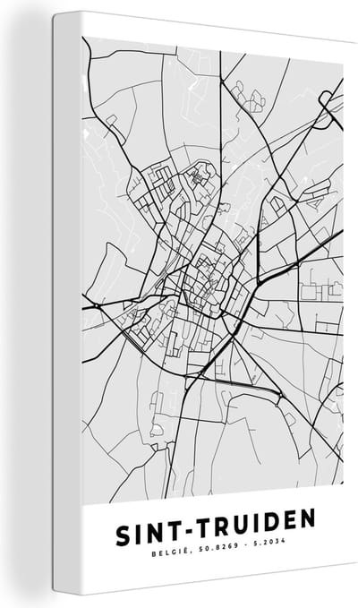 Canvas Schilderij Plattegrond – Sint Truiden – Zwart Wit – Stadskaart - Kaart - 20x30 cm - Wanddecoratie