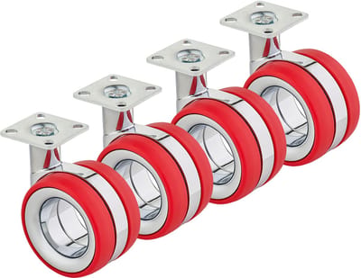 SOTECH set van 4 premium meubelwielen Düsseldorf Ø 75 mm (hoogte 98,5 mm, chroom/rood, montageplaat 47 x 47 mm) Zwenkwiel - Geef uw meubels beweging en stijl
