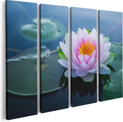 Artaza Canvas Schilderij Vierluik Roze Lotusbloem Met Waterlelies  - 80x60 - Foto Op Canvas - Canvas Print