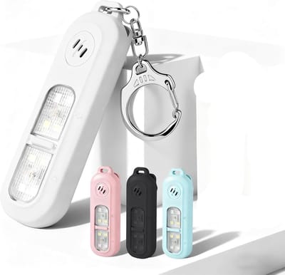 Oplaadbare vrouwelijke persoonlijke veiligheid sirene, 130 db zelfverdediging sleutelhanger sirene met stroboscoop en LED zaklamp, bear alarm afschrikking, klem in de nacht lopen kind nood veiligheid sirene, wit