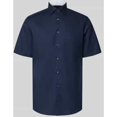 OLYMP Luxor modern fit overhemd - korte mouw - structuur - marine blauw - Strijkvrij - Boordmaat: 40