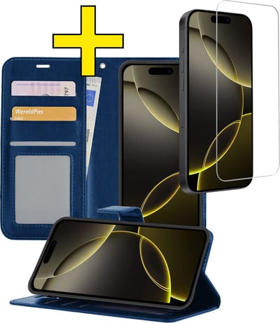 Hoesje - Met Screenprotector - Geschikt voor Apple iPhone 16 Pro - Luxe Pasjeshouder - Bookcase Portemonee - Flip Case - Kunstleer Book Case - Flipcase - Book Cover - Walletcase - Portemonneehoes - Telefoonhoesjes - Donkerblauw