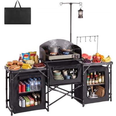 VEVOR Opvouwbare Campingkeuken, Campingkast met 2 Bijzettafels van Ijzergaas, Afneembaar Windscherm voor Het Fornuis en 3 Opbergvakken, Keukenstation voor Picknicks, Barbecues en Reizen, Zwart