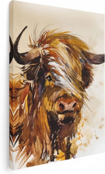 Artaza Canvas Schilderij Hooglander - 30x40 cm - Klein - Muurdecoratie Dierenkop - Wanddecoratie Woonkamer - Kamer Accessoires