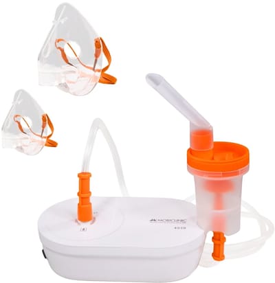 Mobiclinic Nebumobi2 - Aerosoltoestel - Vernevelaar- Draagbare vernevelaar op perslucht - Inhalator - Voor Volwassenen & Kinderen - Met maskers en accessoires - Ultrastil - Licht en draagbaar - Compact en minimalistisch ontwerp - Wit en oranje