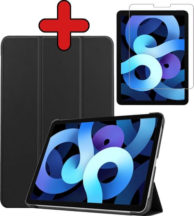 Hoesje - Geschikt voor Apple iPad Air 5 (2022) - 10.9 inch - 5e Generatie - M1 - Met Screenprotector - Hardcover Book Case - Trifold Bookcase Hoes - Hard Cover - Tablethoes - Zwart