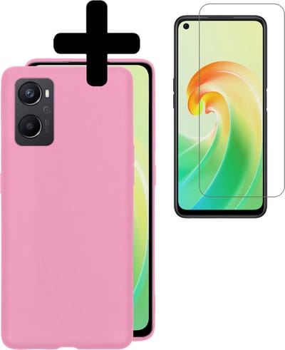 Hoesje - Met Screenprotector - Geschikt voor OPPO A76 - Sterk & Shockproof - Back Cover - Siliconen Case - Telefoon Hoes - Telefoonhoesjes - Lichtroze