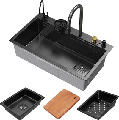 Inbouwspoelbak met kraan complete set 8-delig antraciet 80x46 cm van roestvrij staal ML-Design
