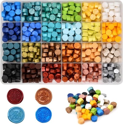 600 Achtkante Zegelwas Kralen Set - 24 Kleuren Waxzegels Inclusief Stempel en Opbergdoos