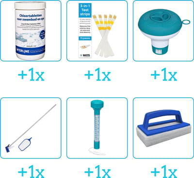 Zwembad Onderhoudspakket - Onderhoud Zwembad - bevat Chloor - Testrips - Chloordrijver - Schoonmaakset - Thermometer en Scrubborstel (6-delig)