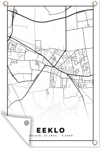 Muurdecoratie Zwart Wit – België – Plattegrond – Stadskaart – Kaart – Eeklo - 120x180 cm - Tuinposter - Tuindoek