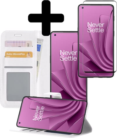 Hoesje - Met Screenprotector - Geschikt voor OnePlus 10 Pro - Luxe Pasjeshouder - Bookcase Portemonee - Flip Case - Kunstleer Book Case - Flipcase - Book Cover - Walletcase - Portemonneehoes - Telefoonhoesjes - Wit