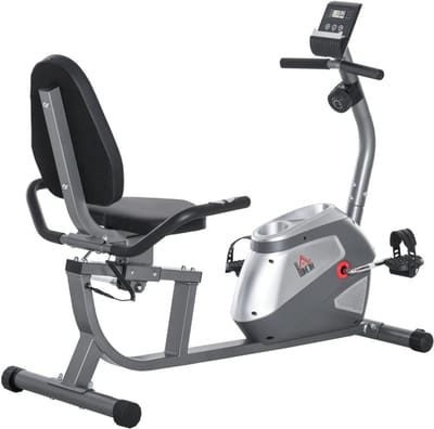 Ligfiets - Hometrainer - 8 Magnetische Weerstandsniveaus - LCD Scherm - Verstelbare Zitting en Weerstand - Hartslagsensoren - Max. Gebruikersgewicht 110 kg - Fietstrainer - Fitnessfiets - Grijs+Zilver