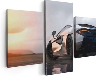 Artaza Canvas Schilderij Drieluik Zilveren Sportwagen Auto Bij Zonsondergang - 90x60 - Foto Op Canvas - Canvas Print