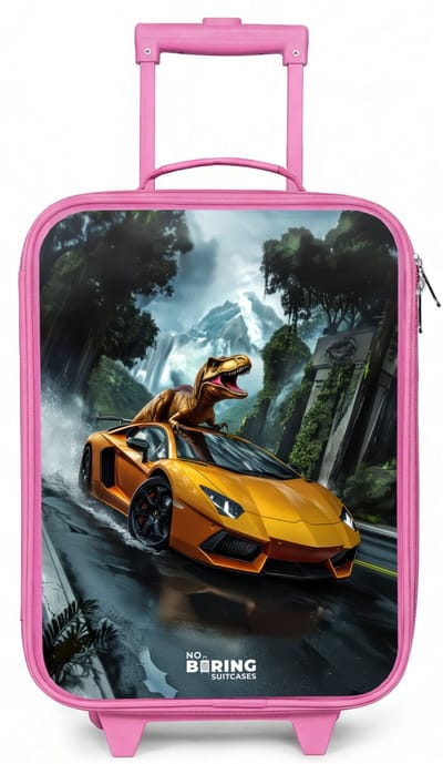NoBoringSuitcases.com® - Kinderkoffer roze - Kindertrolley meisje - T-Rex op oranje sportauto in regenachtig woud - Koffer kind lichtgewicht - Reiskoffer trolley voor kinderen - Koffertje met lichtgevende wieltjes - Rolkoffer