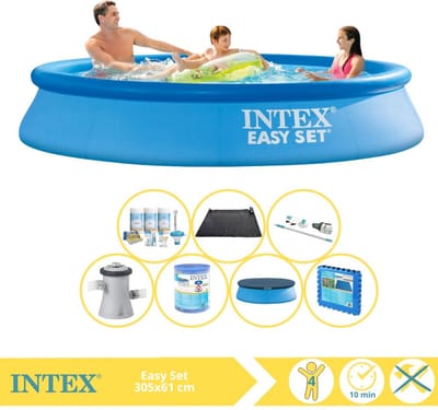 Intex Rond Opblaasbaar Easy Set Zwembad - 305 x 61 cm - Blauw - Inclusief Afdekzeil - Onderhoudspakket - Zwembadfilterpomp - Filter - Stofzuiger - Solar Mat - Vloertegels - 8-delig