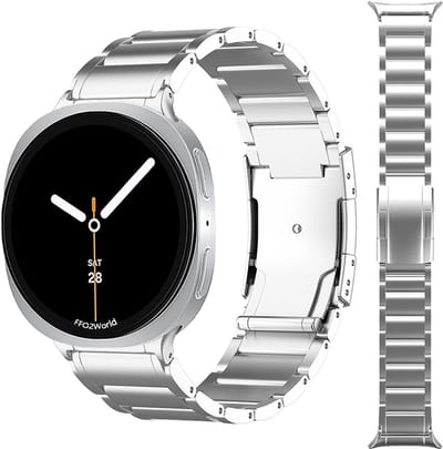 Stravo Titanium schakel horlogeband – Geschikt voor Samsung Galaxy Watch 9 (40/44mm) / Watch 8 (40/44mm) / 8 Classic (46mm) – Hoogwaardig titanium bandje met veiligheidsdruksluiting, inclusief inkortset – Zilver