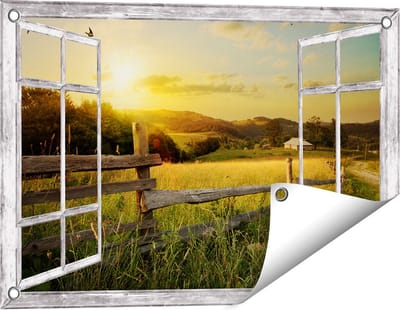 Gards Tuinposter Doorkijk Boerderij Hekken op het Grasveld - 60x40 cm - Tuindoek - Tuindecoratie - Wanddecoratie buiten - Tuinschilderij