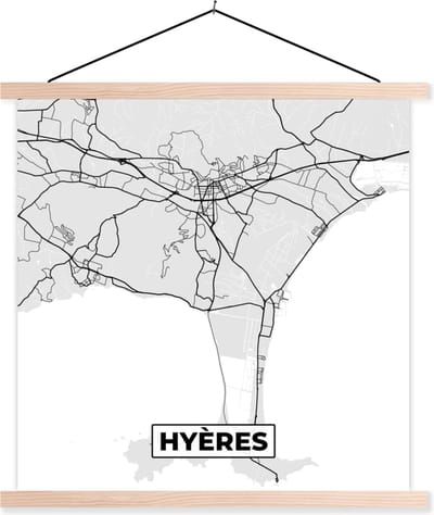 Posterhanger incl. Poster 40x40 cm - Schoolplaat - Frankrijk - Hyères - Stadskaart - Plattegrond - Kaart - Textielposter - Blanke latten - Stadskaart
