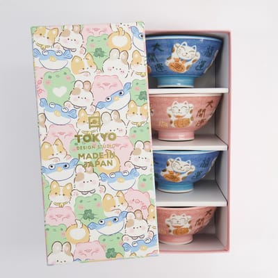 Tokyo Design Studio – Kawaii – Rijstkommen Set – Gelukskat - 4 stuks – Blauw/Roze – 11.3×5.8cm