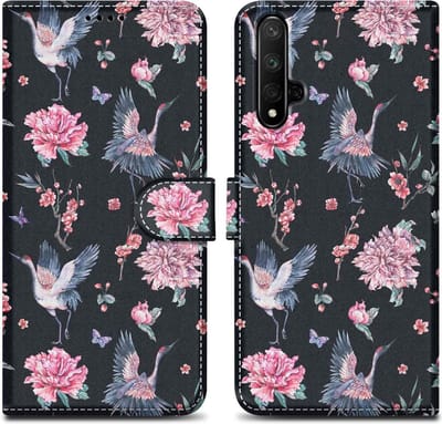 Cadorabo Hoesje geschikt voor Honor 20 / 20S / Huawei NOVA 5T - Design Kraan & Bloemen No. 9 - Beschermhoes Case Cover met magnetische sluiting, standaardfunctie en kaartvakje