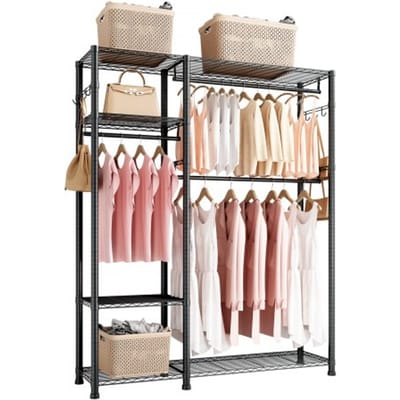 VEVOR Kledingrek (verstelbaar) met 3 kledingstangen en een draagvermogen van 363 kg en 6 planken en 8 haken, open kledingkast voor slaapkamer, kledingwinkel, garderobe, hal
