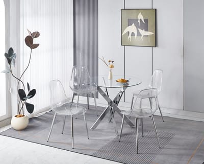 OKWISH Eetkamerset – 5-Delig – 1 Tafel En 4 Stoelen – Hoge Rugleuning En Zachte Bekleding – Metaal Chroom