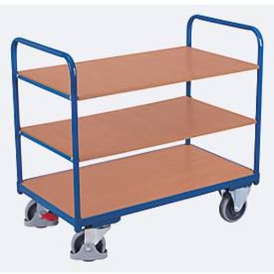 Etagewagen, staal/MDF-plaat, decor gentiaanblauw/beuken, 3 etages, 1000 x 600 mm, EasySTOP, tot 250 kg