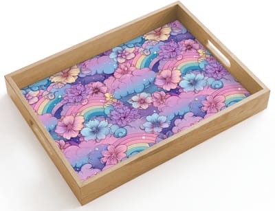 Dienblad hout 40x30 cm - Schootdienblad - Regenbogen - Bloemen - Kleurrijk - Wolken - Borrelplank rechthoek - Plateau dienbladen