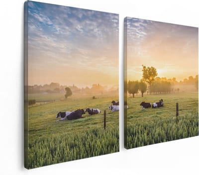Artaza Canvas Schilderij Tweeluik Koeien In De Wei Tijdens Zonsopgang - 120x80 - Foto Op Canvas - Canvas Print