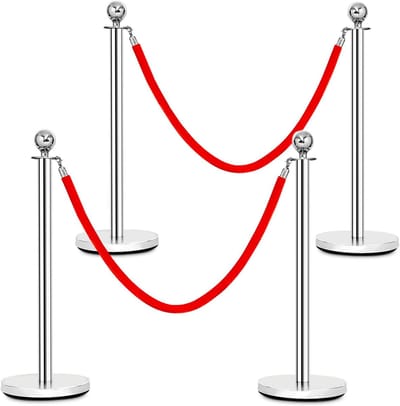 COSTWAY 4 Stuks afzetpaal set, personengeleidingssysteem, ronde top gepolijst roestvrij afzetpaal wachtrij paal met 150cm rood fluwelen touw, menigte controle barrière, afbakenstandaard, afzetpalenset parkeerpaal publiekscontrole luchthavenbarrière