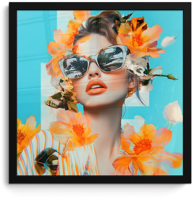 Poster in lijst - Fotolijst 40x40 cm - Posters - Bloemen - Vrouw - Zonnebril - Blauw - Posterlijst zwart - Decoratie - Wanddecoratie woonkamer - Muurdecoratie slaapkamer