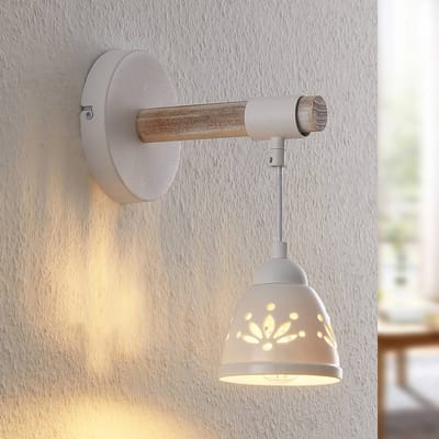 Lindby - wandlamp - 1licht - staal, keramiek, hout - H: 30 cm - E14 - licht hout, wit
