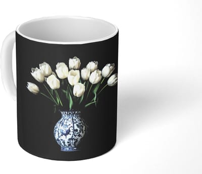 Mok - Koffiemok - Wit - Bloemen - Tulpen - Vaas - Mokken - 350 ML - Beker - Koffiemokken - Theemok