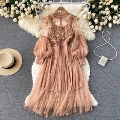Robe tridimensionnelle pour femmes, crochet à fleurs, maille, tempérament, col montant, manches lanternes, taille haute, robes féminines Slim One size marron
