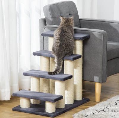 HAUSS SPOLE Dierentrap – 4 Treden – 60 x 40,5 x 59 cm – Spaanplaat Met Zachte Pluche Bekleding – Grijs – Voor Sofa Vensterbank En Bed