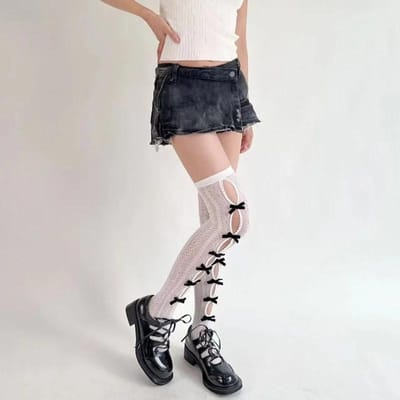 Magnifiques Chaussettes Hautes Lolita Creuses à Nœud Longues Rétro Amincissantes Douces Cool Hottie Favorite des Filles Jk Mailles Trouées Dentelle Gothique Chaussettes One Size gray