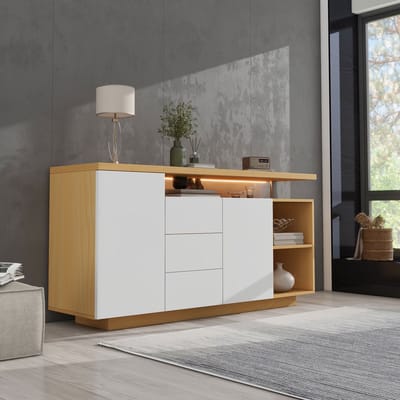 Clruro Dressoir - 74,5 x 53 x 18 cm - met LED en met deuren - Spaanplaat - Wit + eiken