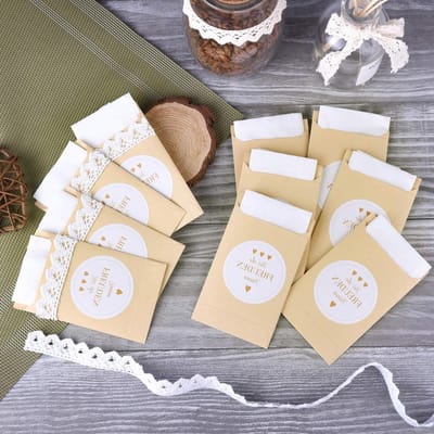 Allecta - Papieren Zakken en Vreugdetranen Stickers Vintage Stijl Bruiloft Decoratie met Verpakking Zakdoeken (100 stuks)