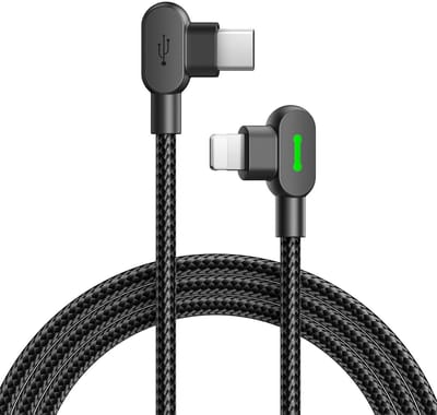 SnelShoppen - 90° Hoek Oplaadkabel USB-C naar USB-C/Lightning/Micro USB, Snelle Gegevensoverdracht, 120 cm Nylon Gaming Kabel met LED-Display voor Gam