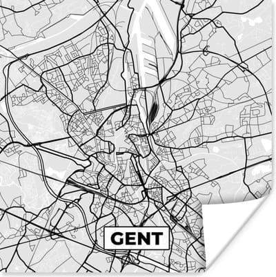 Poster Kaart – Plattegrond – Stadskaart – Gent – België – Zwart Wit - 100x100 cm XXL