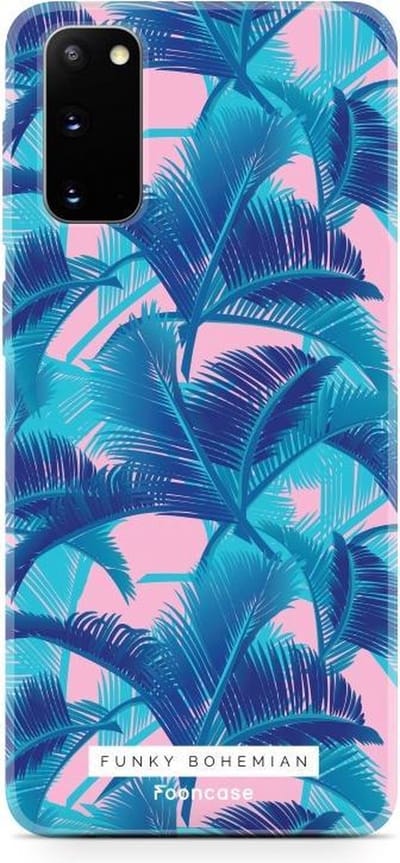 Fooncase Hoesje Geschikt voor Samsung Galaxy S20 - Shockproof Case - Back Cover / Soft Case - Funky Bohemian / Blauw Roze Bladeren